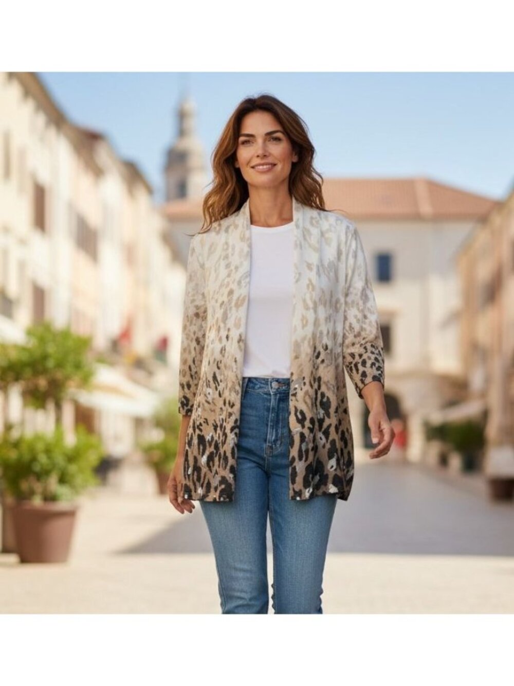 Alfred Dunner Womens 1X Sheer Cardigan Open Ombre Animal Print Neutrals 3/4 Slee